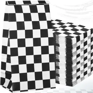 100 Pack Checkered Racing Paper Bags 8lb Black and White Race Car Kraft Paper Treat Goodie Candy Bags for Birthday Party Decorations Supplies