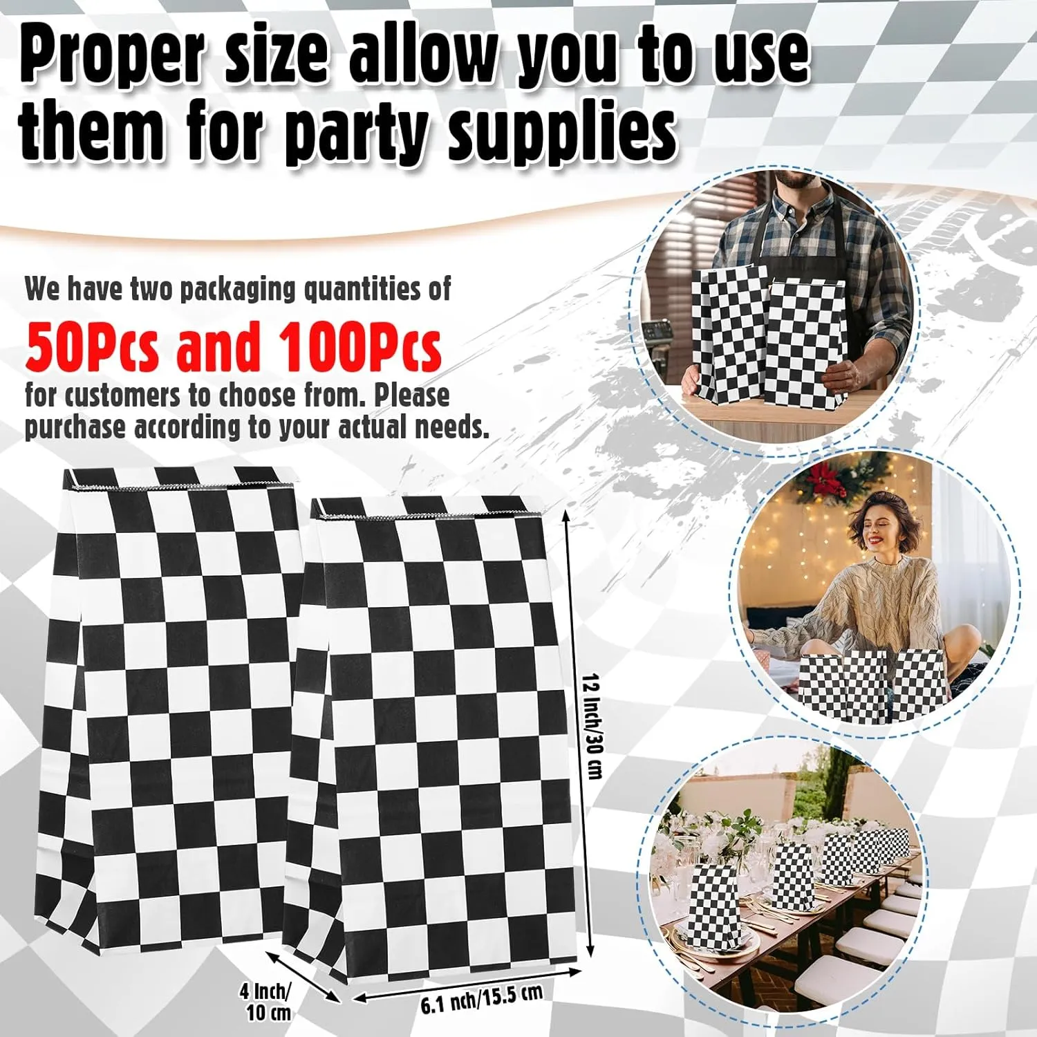 100 Pack Checkered Racing Paper Bags 8lb Black and White Race Car Kraft Paper Treat Goodie Candy Bags for Birthday Party Decorations Supplies