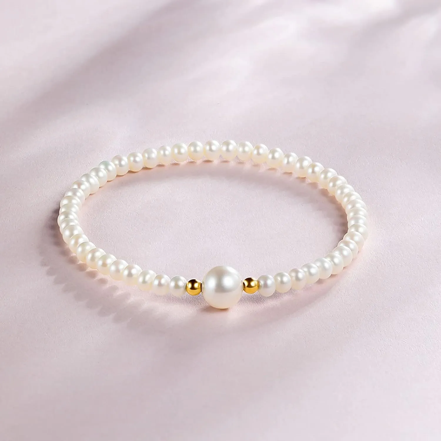 18K Gold Pearl Bracelets for Women 4.5mm Freshwater Pearls Stretch Beaded Bracelet AAA  Quality White Pearl with 18K Real Gold Beads Dainty Jewelry for Her X199040 16/17/18/19cm