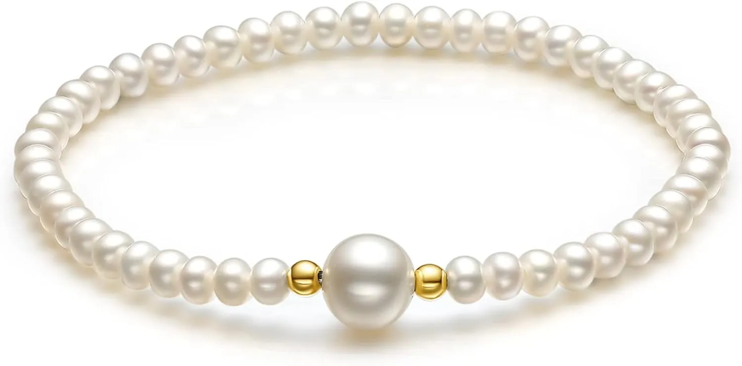 18K Gold Pearl Bracelets for Women 4.5mm Freshwater Pearls Stretch Beaded Bracelet AAA  Quality White Pearl with 18K Real Gold Beads Dainty Jewelry for Her X199040 16/17/18/19cm