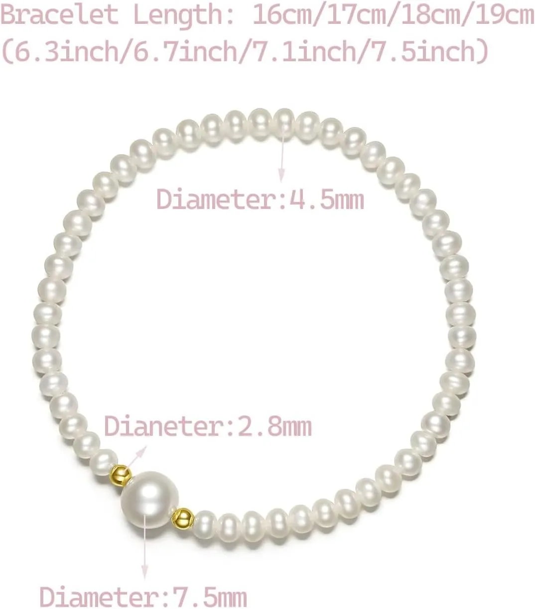 18K Gold Pearl Bracelets for Women 4.5mm Freshwater Pearls Stretch Beaded Bracelet AAA  Quality White Pearl with 18K Real Gold Beads Dainty Jewelry for Her X199040 16/17/18/19cm