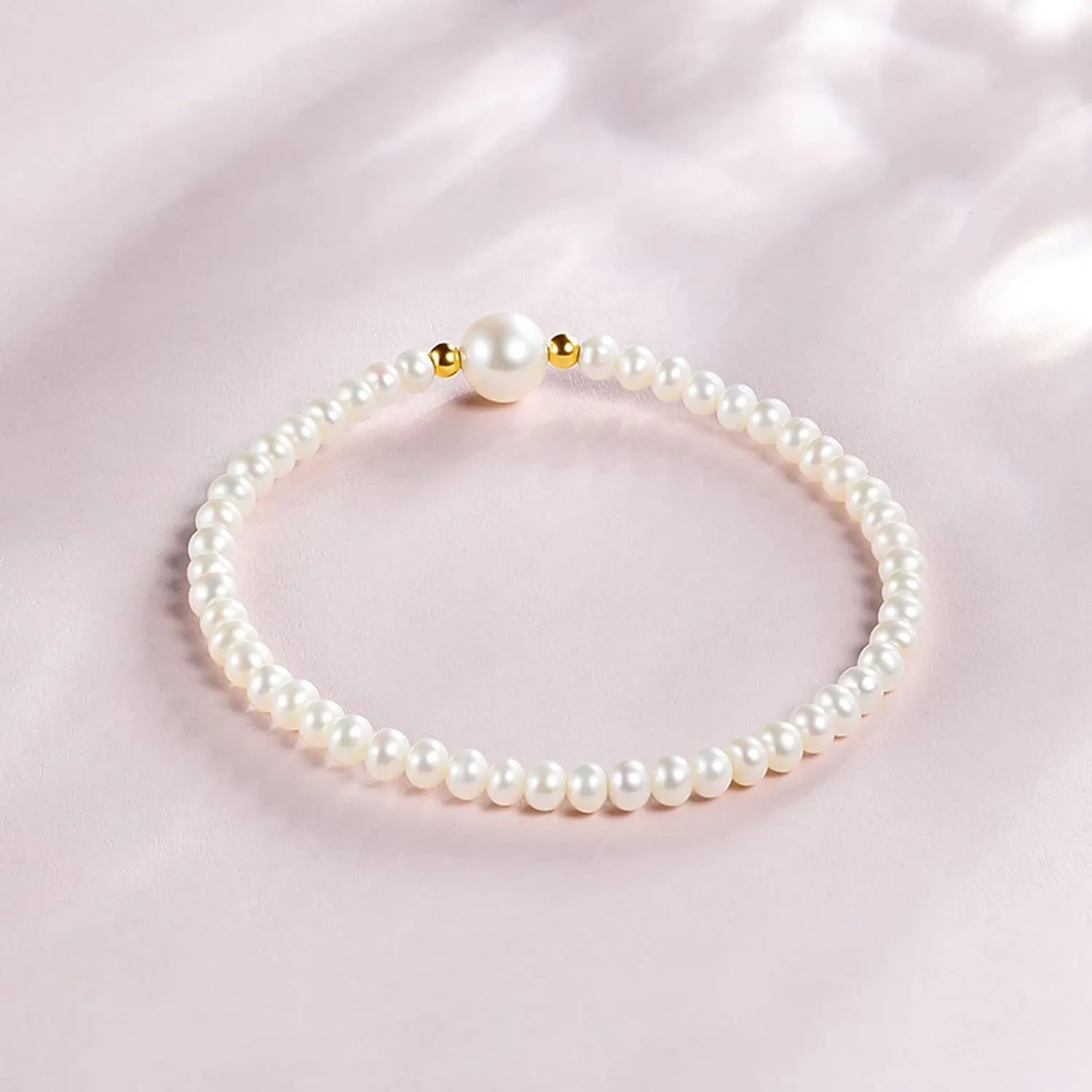 18K Gold Pearl Bracelets for Women 4.5mm Freshwater Pearls Stretch Beaded Bracelet AAA  Quality White Pearl with 18K Real Gold Beads Dainty Jewelry for Her X199040 16/17/18/19cm