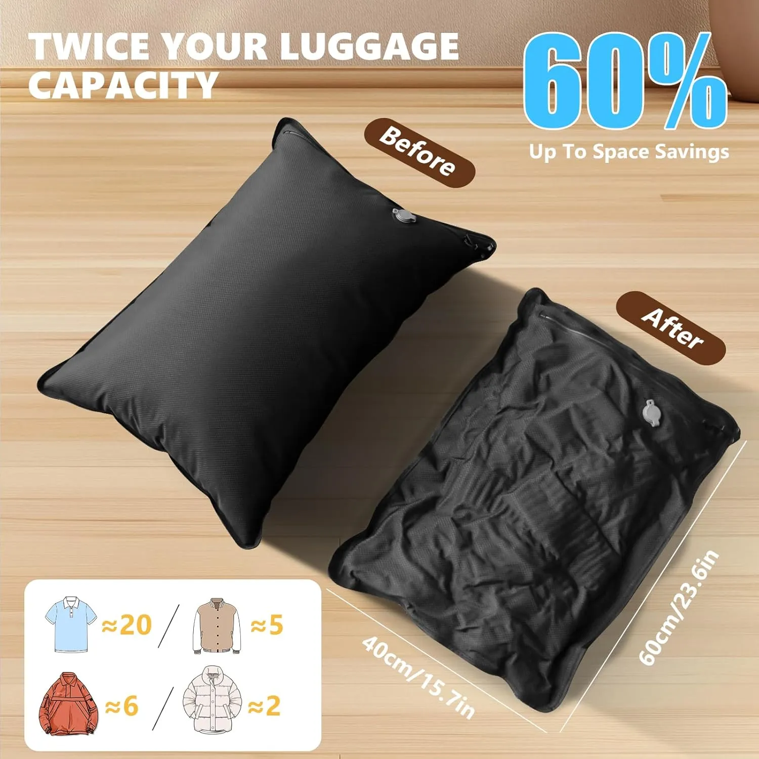 2PC Professional Vacuum Bags for Travel with 55W Super Power Electric Pump, Dobaly IP67 Reusable Vacuum Compression Bags for Suitcases and Backpack Space Saver Vacuum Bags Durable(2 Medium Pump)