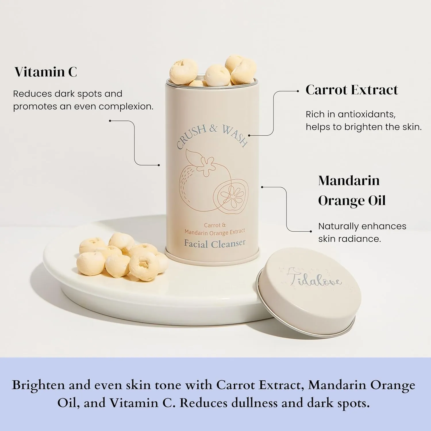 3-in-1 Solid Facial Cleanser, Exfoliator, and Wash-off Mask - Vegan, Cruelty-Free, Plastic-Free, Travel-Friendly, 1 Month Supply (60 Crushable Tablets) in Tin (Brightening Beans in Tin)