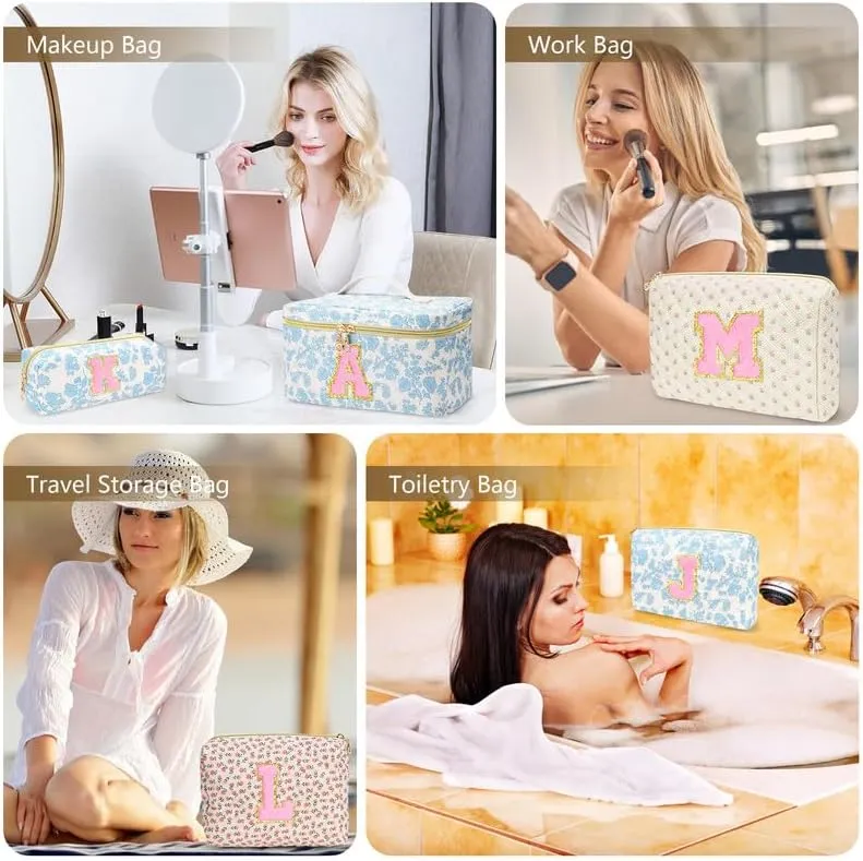 3 PCS Travel Makeup Bag Set, A-Z Initials Cotton Make up Bag Floral Quilted Cosmetic Bag for Girls and Women, Personalized Cute Toiletry Bag Travel Accessories Brushes Bag Flower - D