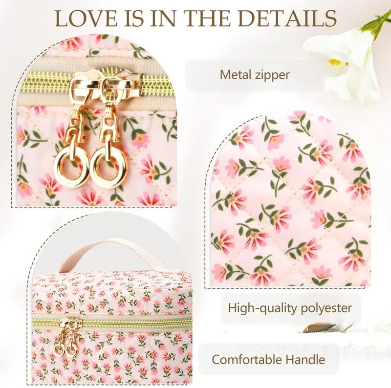 3 PCS Travel Makeup Bag Set, A-Z Initials Cotton Make up Bag Floral Quilted Cosmetic Bag for Girls and Women, Personalized Cute Toiletry Bag Travel Accessories Brushes Bag Flower - D