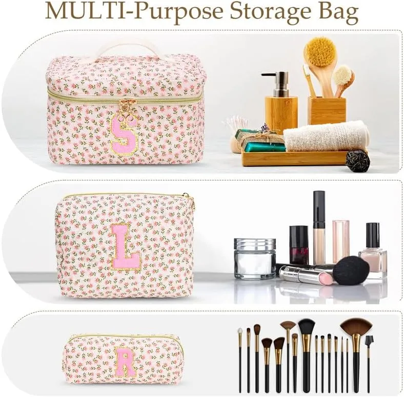 3 PCS Travel Makeup Bag Set, A-Z Initials Cotton Make up Bag Floral Quilted Cosmetic Bag for Girls and Women, Personalized Cute Toiletry Bag Travel Accessories Brushes Bag Flower - D