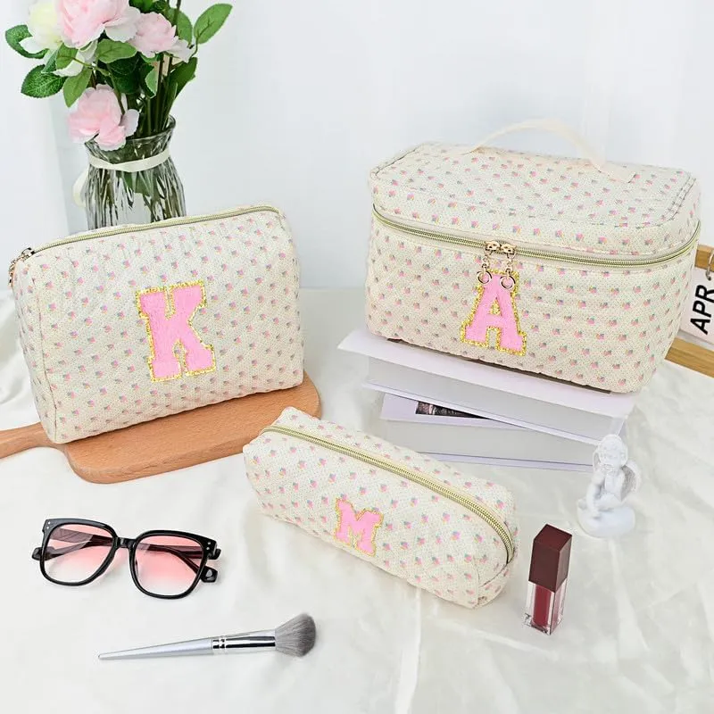 3 PCS Travel Makeup Bag Set, A-Z Initials Cotton Make up Bag Floral Quilted Cosmetic Bag for Girls and Women, Personalized Cute Toiletry Bag Travel Accessories Brushes Bag Flower - D