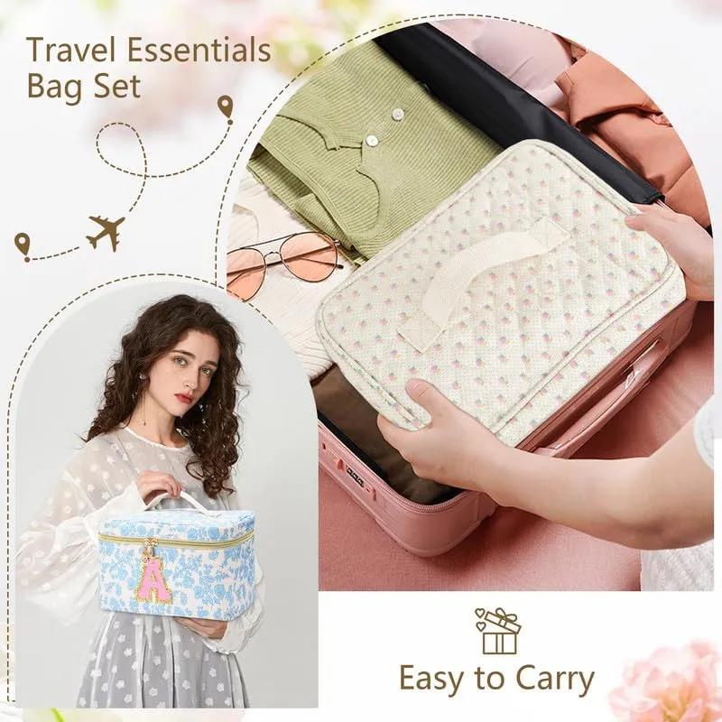 3 PCS Travel Makeup Bag Set, A-Z Initials Cotton Make up Bag Floral Quilted Cosmetic Bag for Girls and Women, Personalized Cute Toiletry Bag Travel Accessories Brushes Bag Flower - D