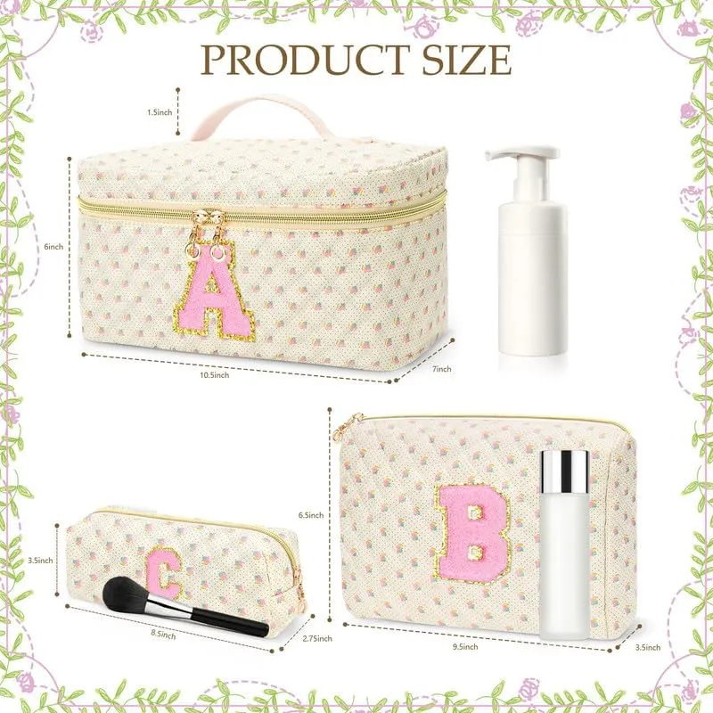3 PCS Travel Makeup Bag Set, A-Z Initials Cotton Make up Bag Floral Quilted Cosmetic Bag for Girls and Women, Personalized Cute Toiletry Bag Travel Accessories Brushes Bag Flower - D