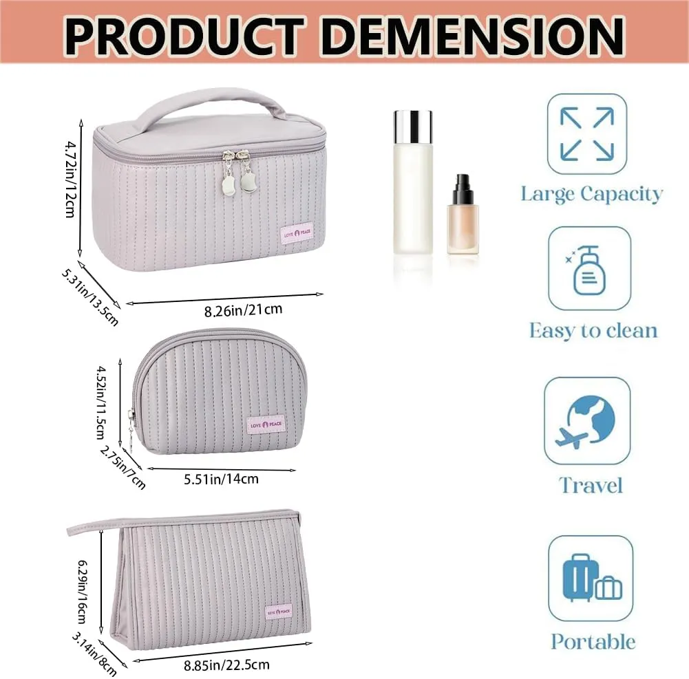 3 Piece Quilted Makeup Bag Set, Travel Cosmetic Cases with Handle, Large Capacity Toiletry Organizer (Purple)