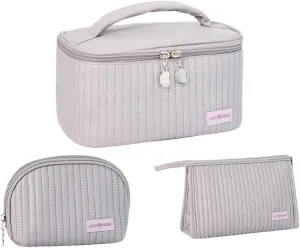3 Piece Quilted Makeup Bag Set, Travel Cosmetic Cases with Handle, Large Capacity Toiletry Organizer (Purple)
