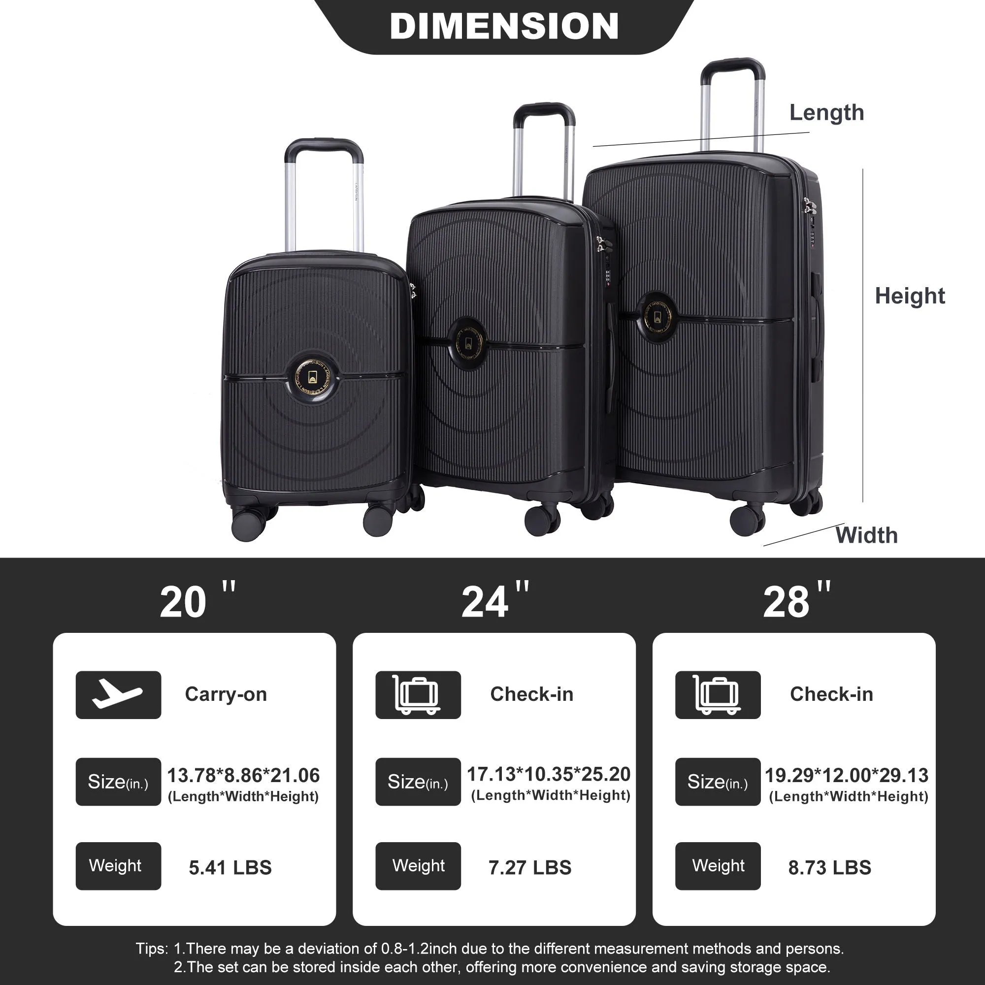 3 Piece Set Expandable Hardshell Suitcase Double Spinner Wheels