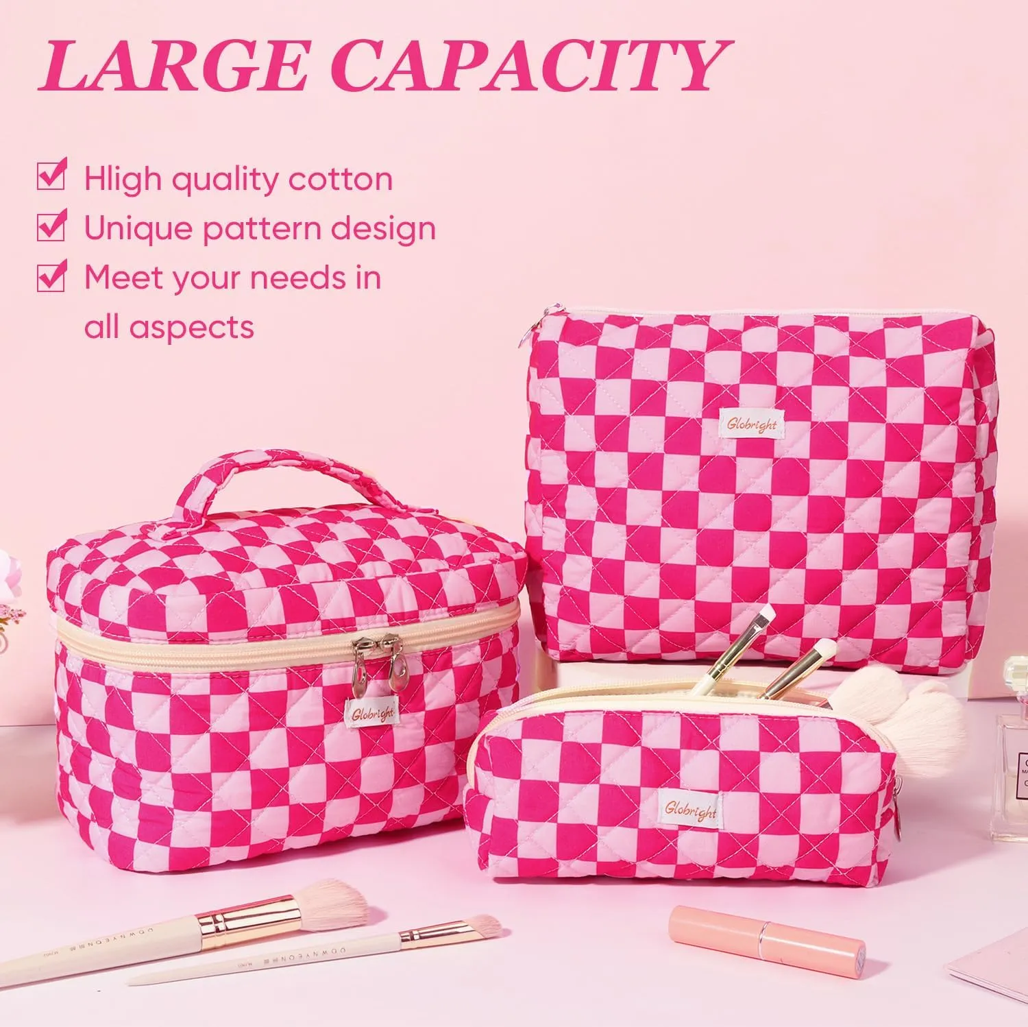 3 Pieces Makeup Bag Large Quilted Cosmetic Bag, Cotton Make Up Bag Travel Toiletry Bag for Mom Girlfriend Wife Women (Red)