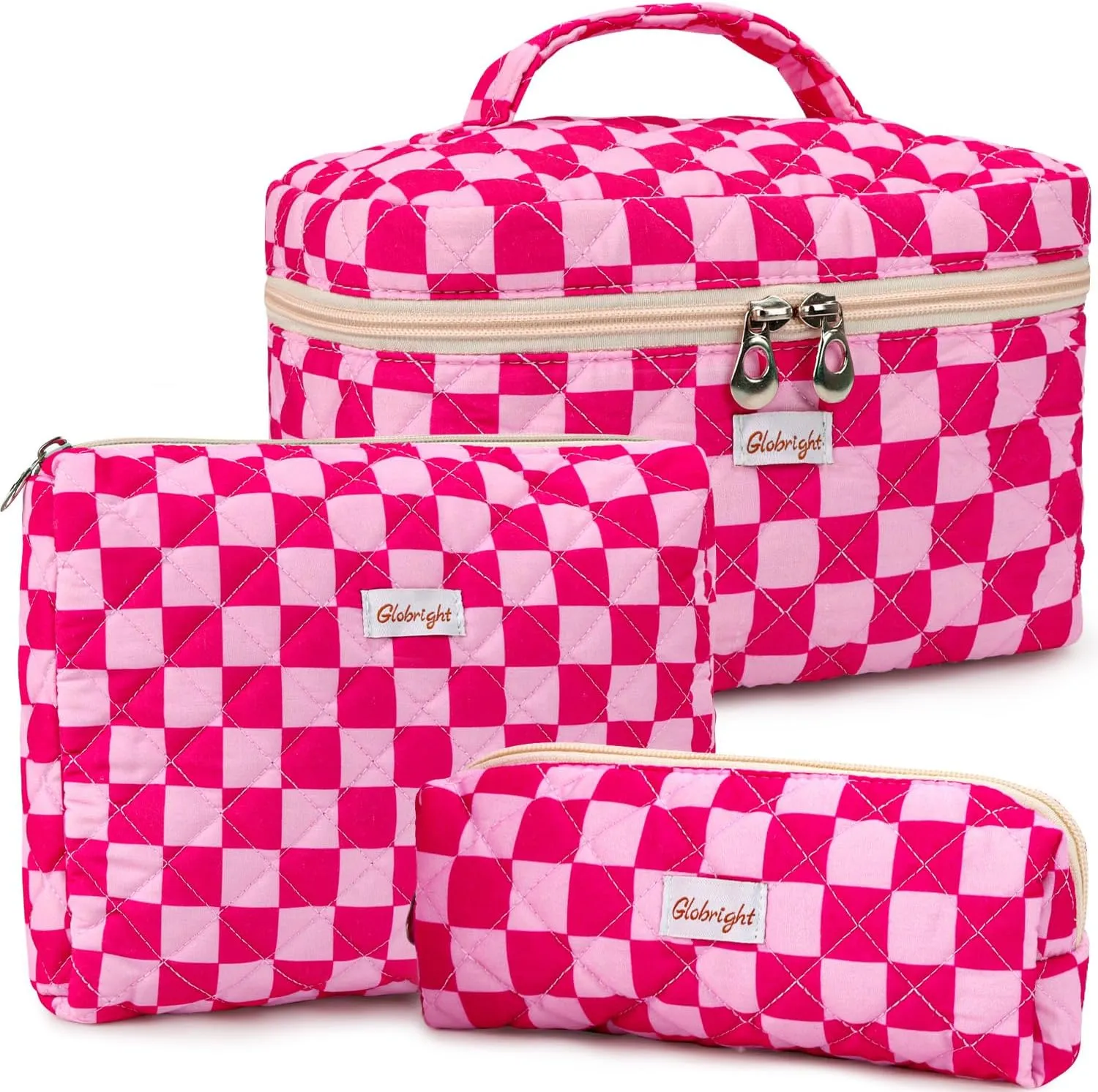 3 Pieces Makeup Bag Large Quilted Cosmetic Bag, Cotton Make Up Bag Travel Toiletry Bag for Mom Girlfriend Wife Women (Red)