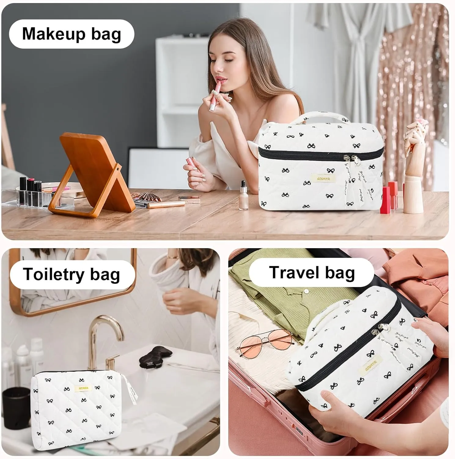 3PC Quilted Makeup Bag Set Cotton Bow Cosmetic Bag Large Coquette Make up Bags Aesthetic Toiletry Travel Organizer