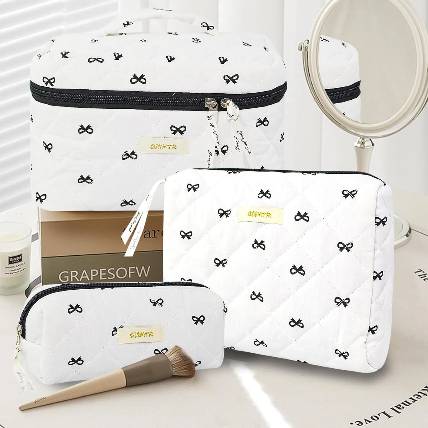 3PC Quilted Makeup Bag Set Cotton Bow Cosmetic Bag Large Coquette Make up Bags Aesthetic Toiletry Travel Organizer