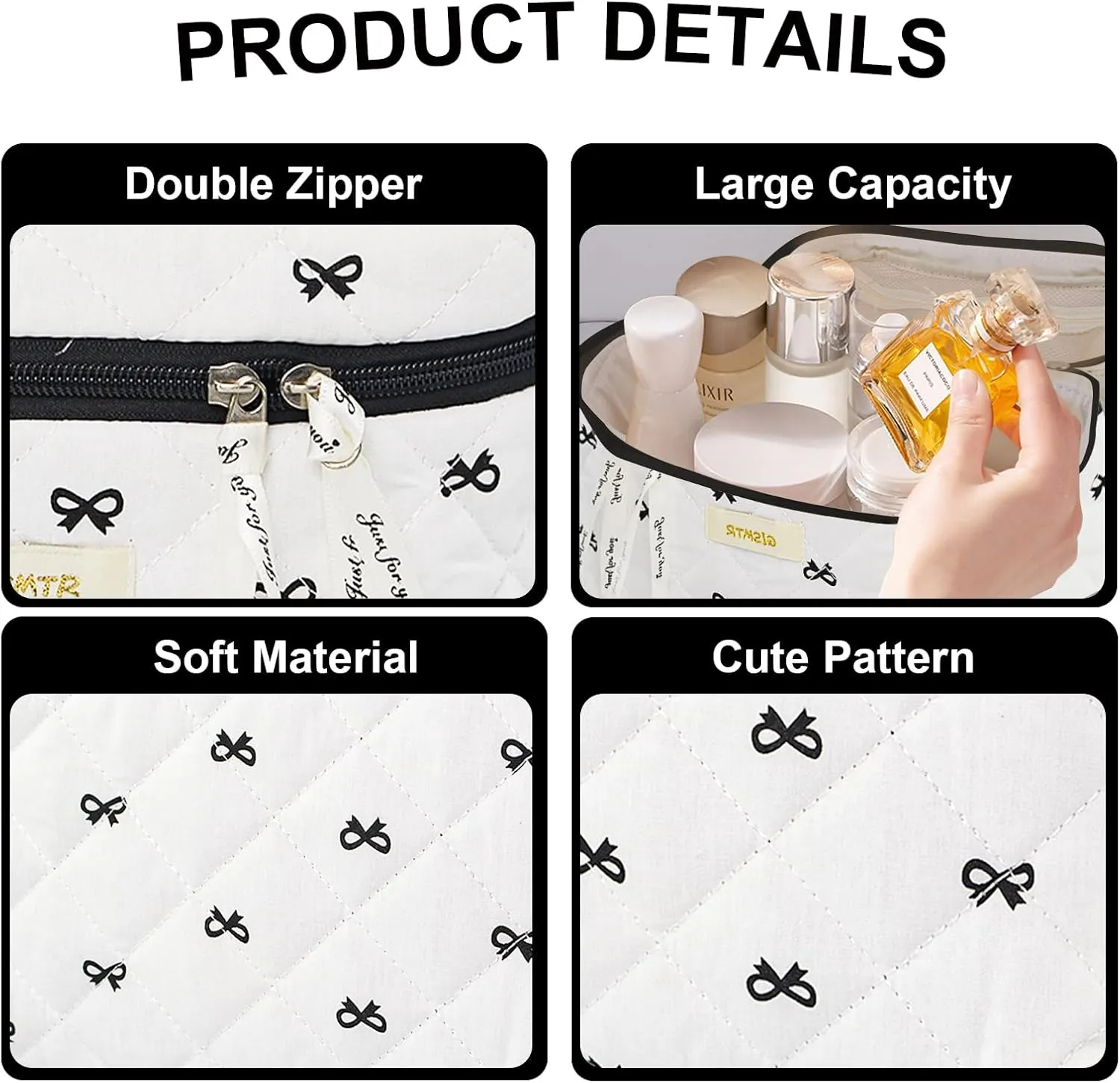 3PC Quilted Makeup Bag Set Cotton Bow Cosmetic Bag Large Coquette Make up Bags Aesthetic Toiletry Travel Organizer
