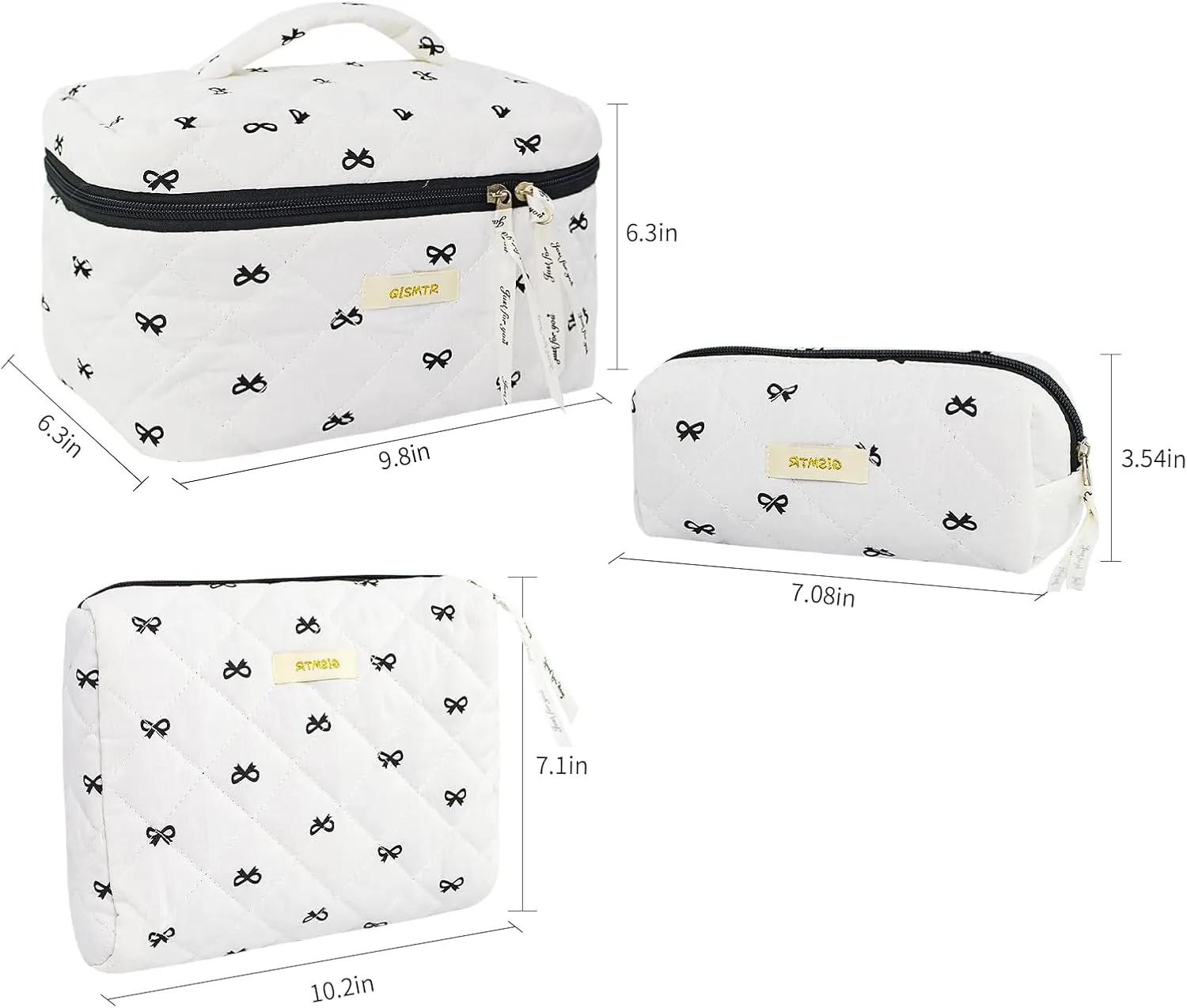 3PC Quilted Makeup Bag Set Cotton Bow Cosmetic Bag Large Coquette Make up Bags Aesthetic Toiletry Travel Organizer