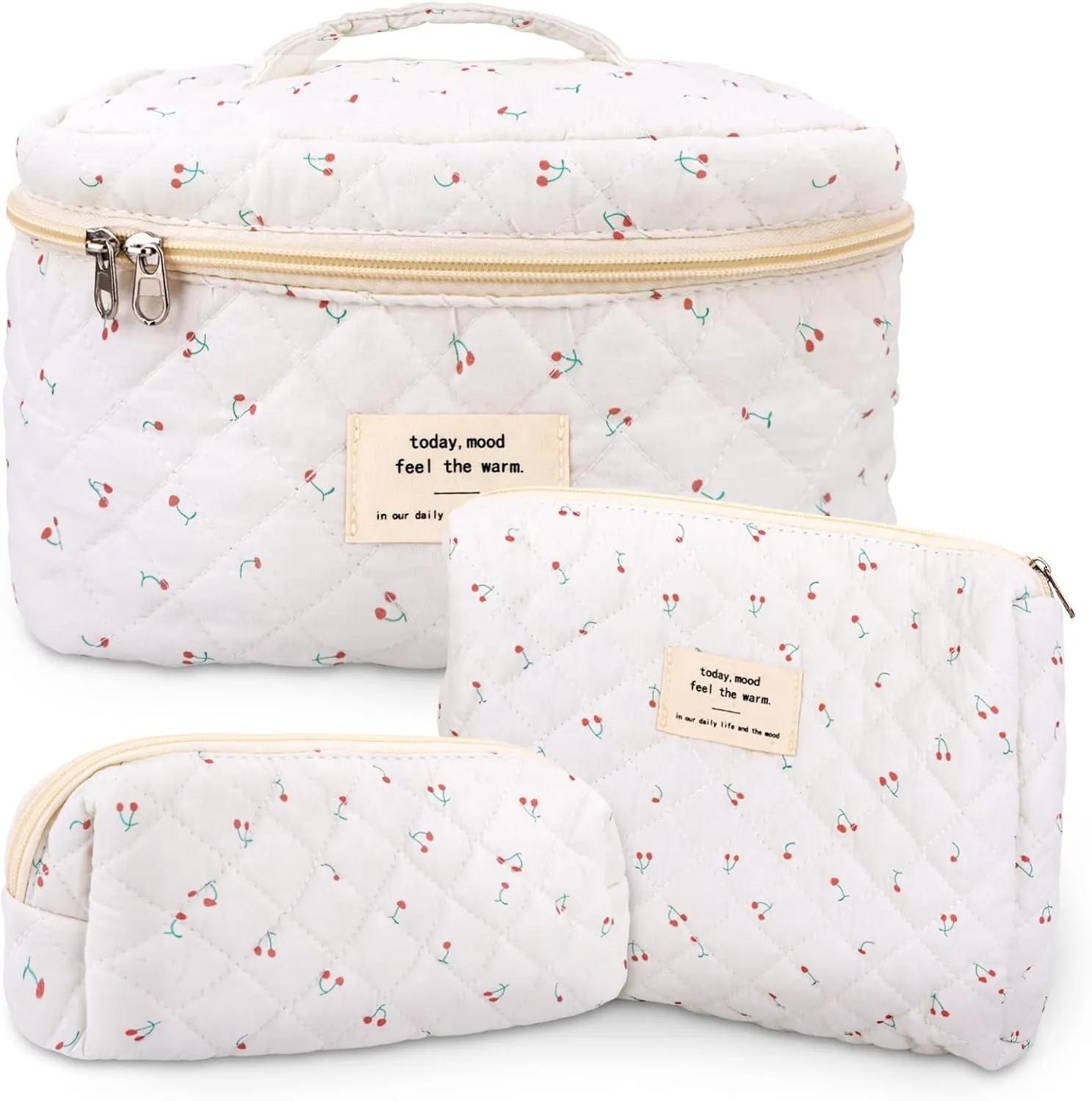 3Pcs Cotton Quilted Makeup Bag Large Travel Cosmetic Bag Coquette Makeup Pouch Cute Aesthetic Floral Toiletry Bag for Women Girls (cherry-B)