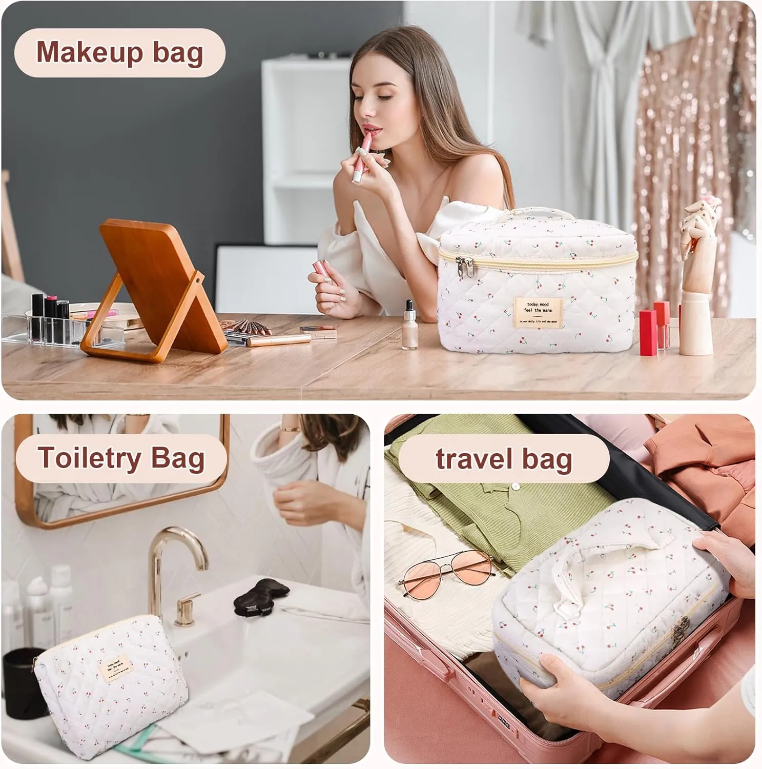 3Pcs Cotton Quilted Makeup Bag Large Travel Cosmetic Bag Coquette Makeup Pouch Cute Aesthetic Floral Toiletry Bag for Women Girls (cherry-B)