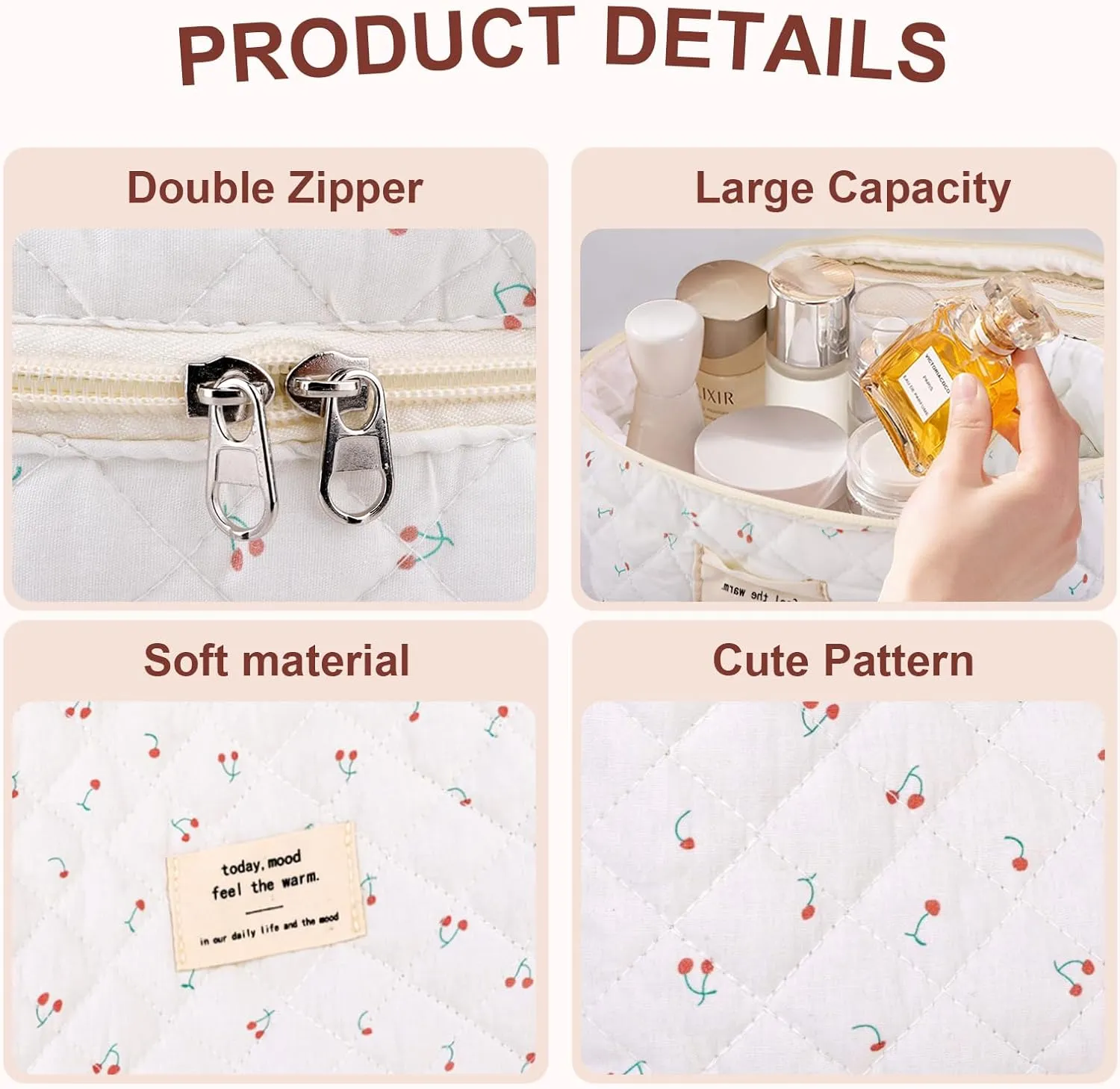 3Pcs Cotton Quilted Makeup Bag Large Travel Cosmetic Bag Coquette Makeup Pouch Cute Aesthetic Floral Toiletry Bag for Women Girls (cherry-B)