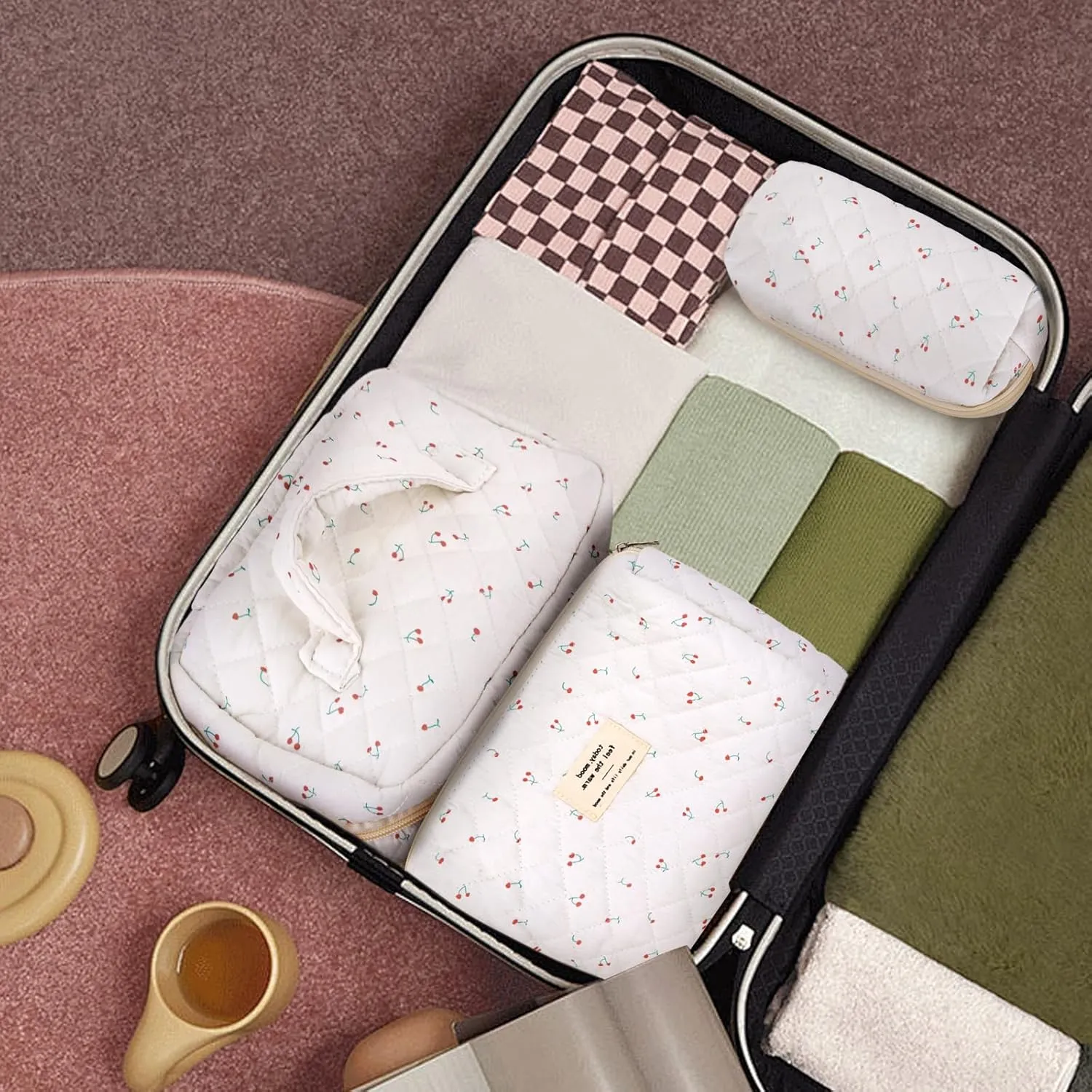 3Pcs Cotton Quilted Makeup Bag Large Travel Cosmetic Bag Coquette Makeup Pouch Cute Aesthetic Floral Toiletry Bag for Women Girls (cherry-B)