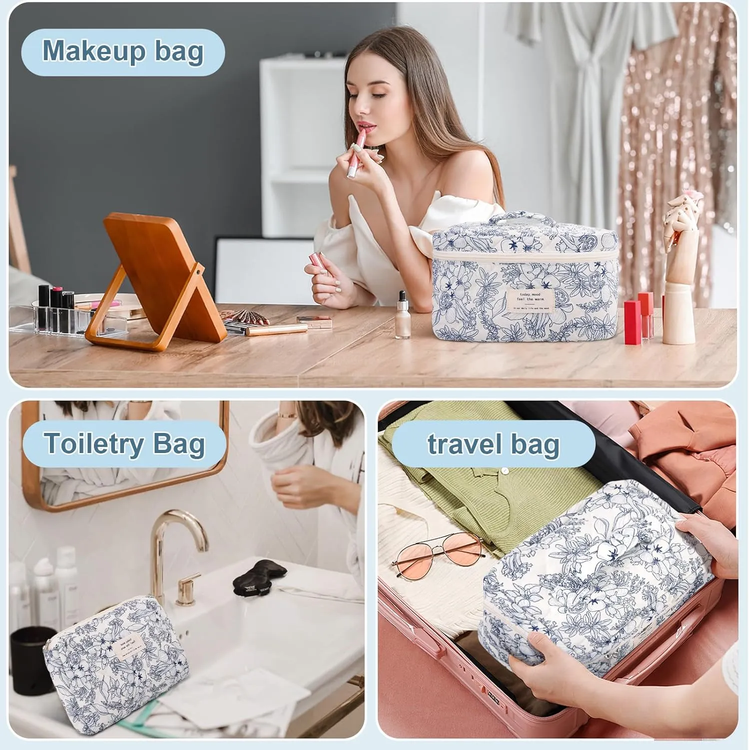 3Pcs Cotton Quilted Makeup Bag Large Travel Cosmetic Bag Coquette Makeup Pouch Cute Aesthetic Floral Toiletry Bag for Women Girls (flower-D)