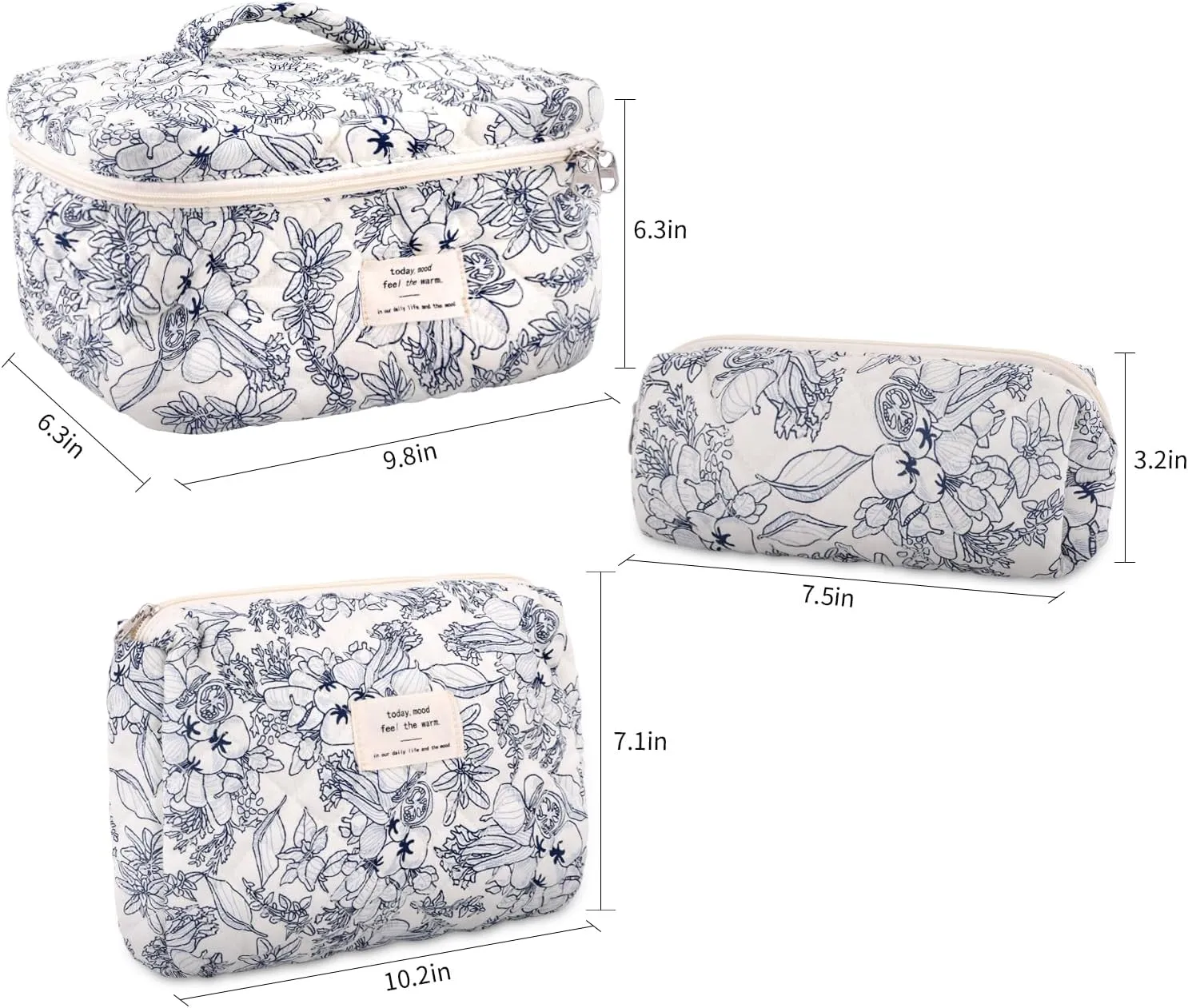 3Pcs Cotton Quilted Makeup Bag Large Travel Cosmetic Bag Coquette Makeup Pouch Cute Aesthetic Floral Toiletry Bag for Women Girls (flower-D)