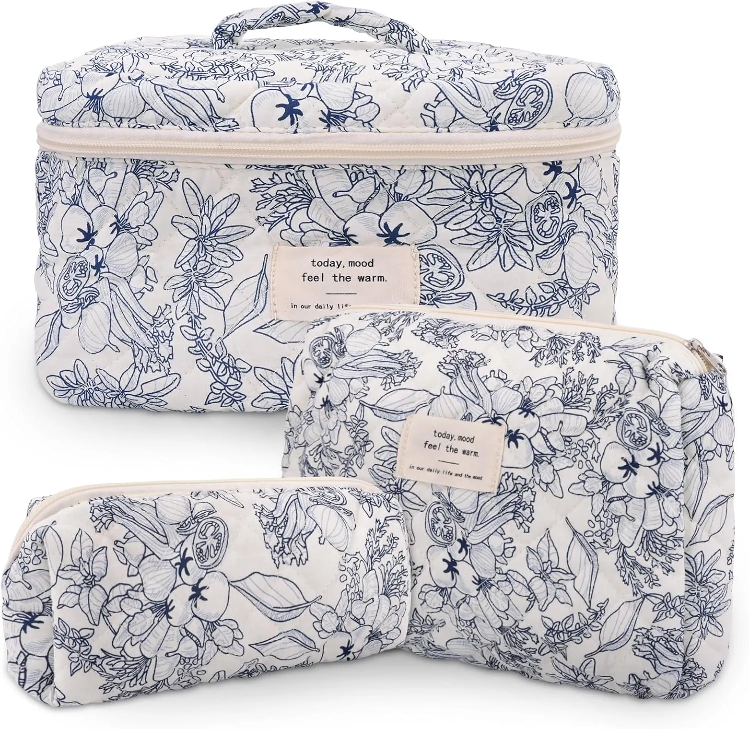 3Pcs Cotton Quilted Makeup Bag Large Travel Cosmetic Bag Coquette Makeup Pouch Cute Aesthetic Floral Toiletry Bag for Women Girls (flower-D)