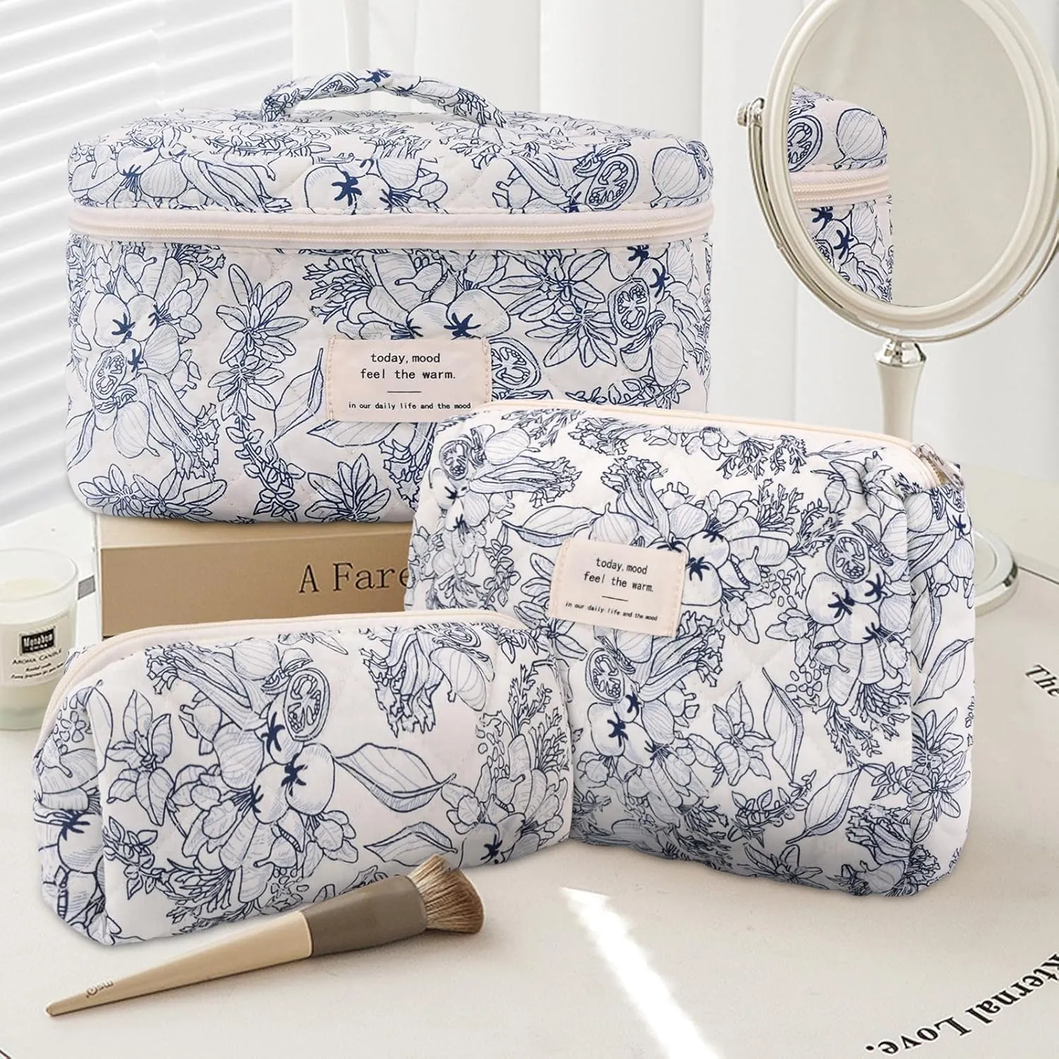 3Pcs Cotton Quilted Makeup Bag Large Travel Cosmetic Bag Coquette Makeup Pouch Cute Aesthetic Floral Toiletry Bag for Women Girls (flower-D)