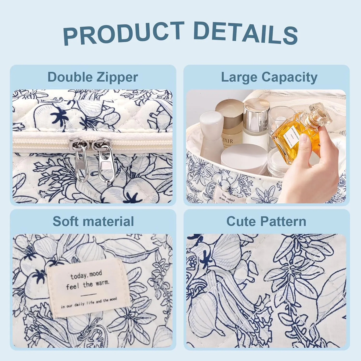 3Pcs Cotton Quilted Makeup Bag Large Travel Cosmetic Bag Coquette Makeup Pouch Cute Aesthetic Floral Toiletry Bag for Women Girls (flower-D)