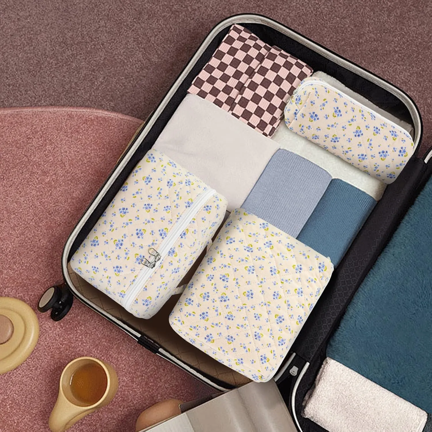 3PCS Makeup Bag Set, Quilted Cosmetic Bag, Large Travel Aesthetic Make up Bag, Cute Coquette Toiletry Bag for Women Girls