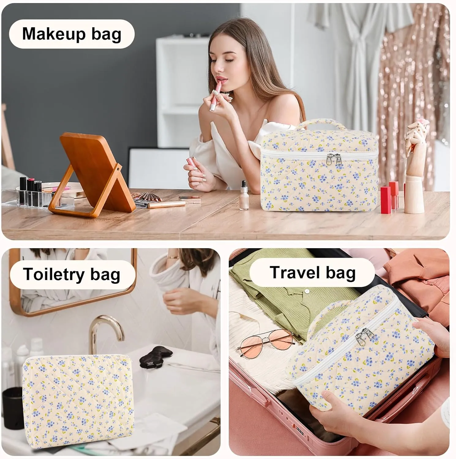 3PCS Makeup Bag Set, Quilted Cosmetic Bag, Large Travel Aesthetic Make up Bag, Cute Coquette Toiletry Bag for Women Girls