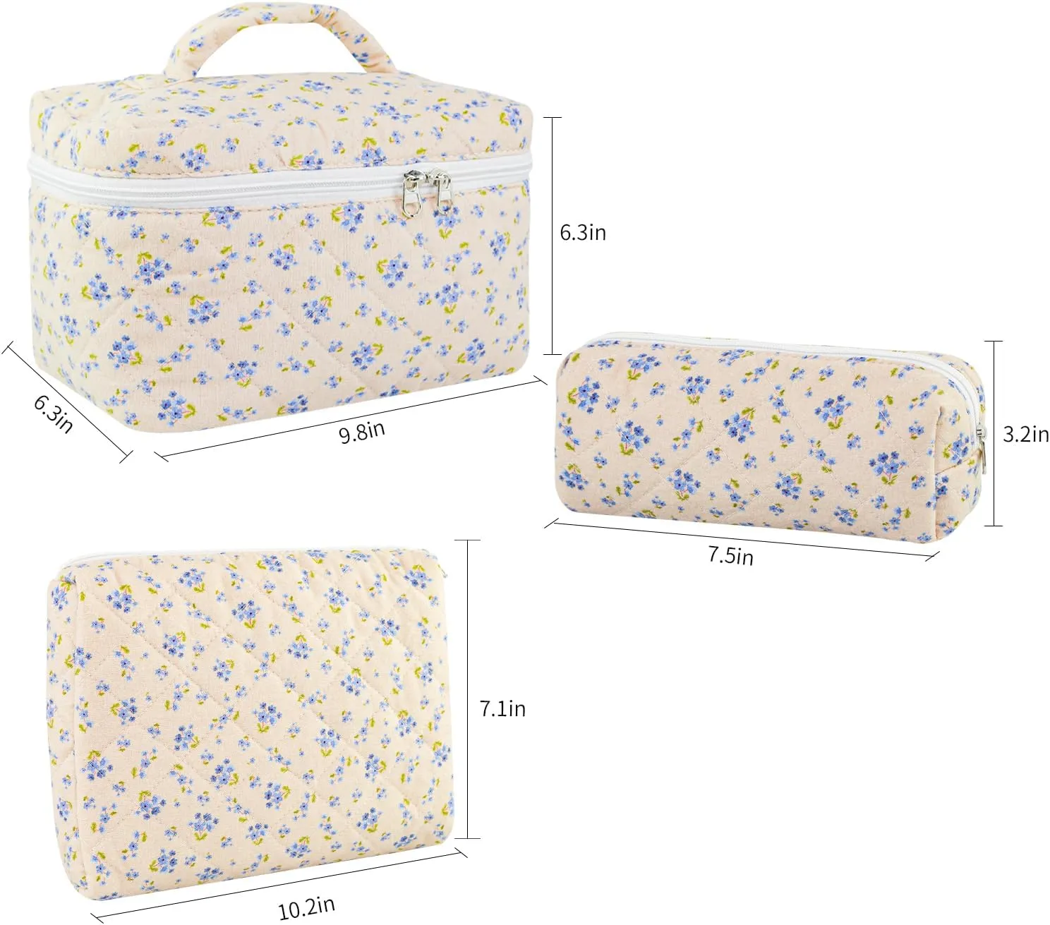 3PCS Makeup Bag Set, Quilted Cosmetic Bag, Large Travel Aesthetic Make up Bag, Cute Coquette Toiletry Bag for Women Girls