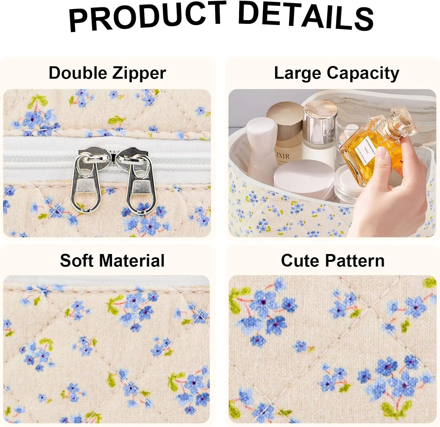 3PCS Makeup Bag Set, Quilted Cosmetic Bag, Large Travel Aesthetic Make up Bag, Cute Coquette Toiletry Bag for Women Girls