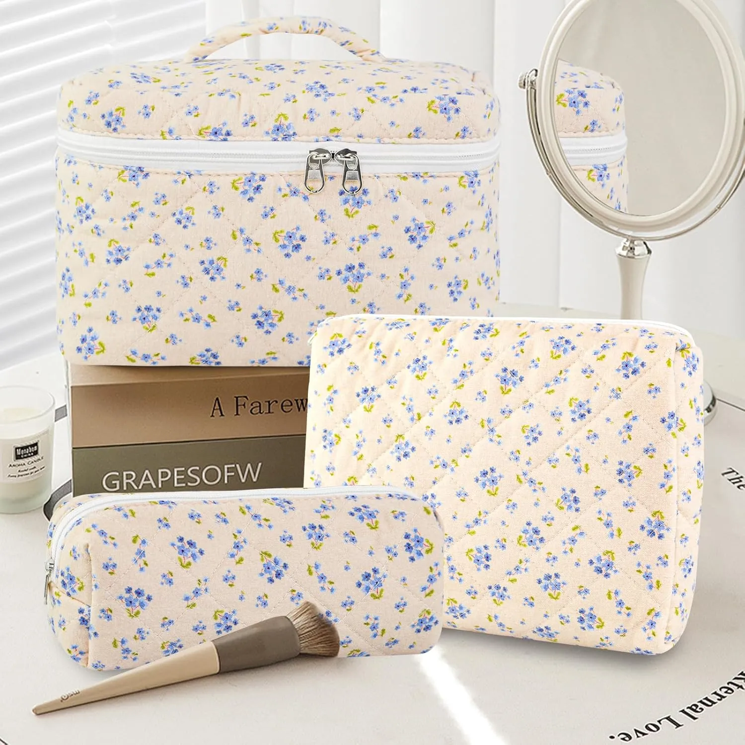 3PCS Makeup Bag Set, Quilted Cosmetic Bag, Large Travel Aesthetic Make up Bag, Cute Coquette Toiletry Bag for Women Girls