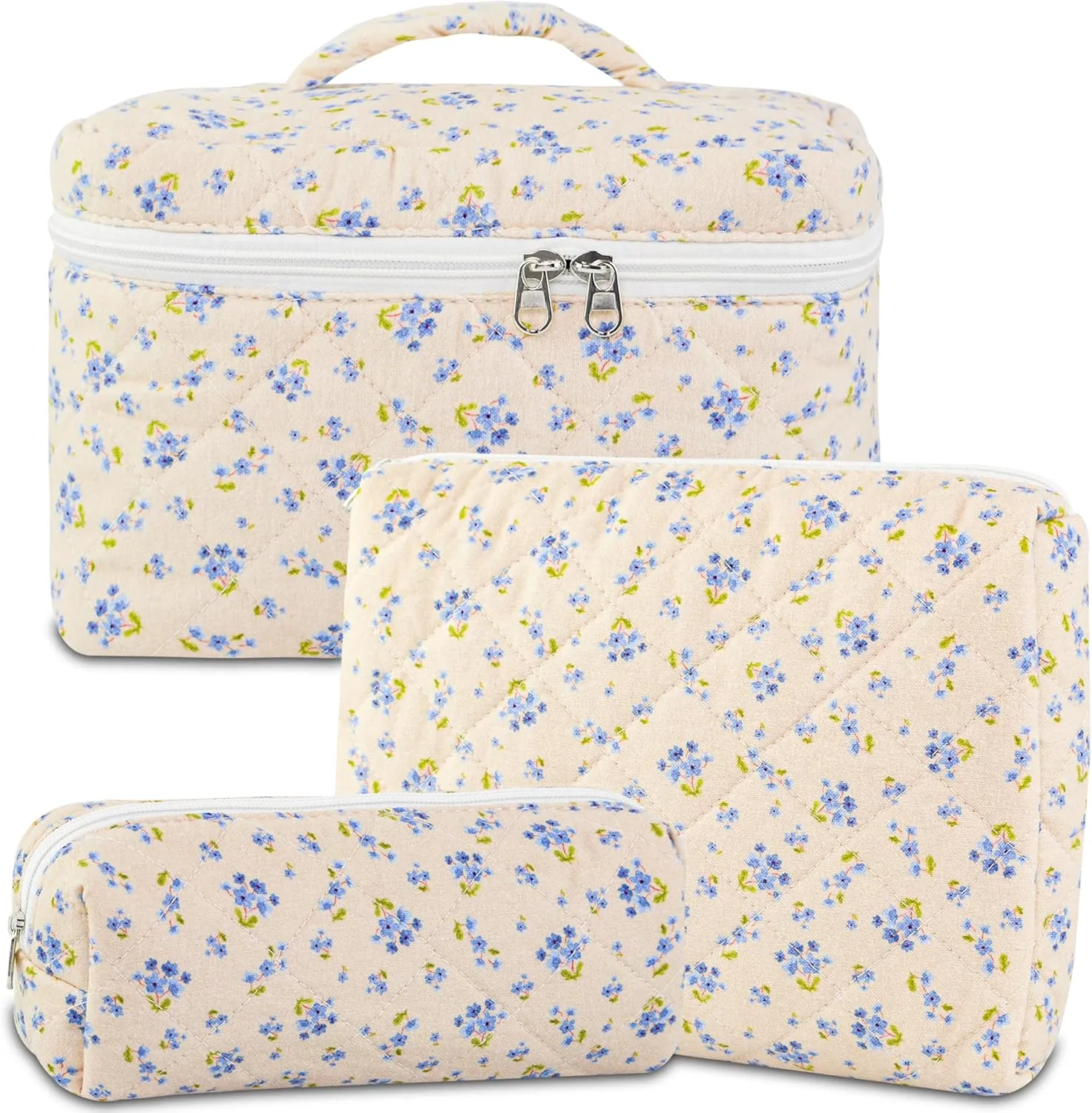 3PCS Makeup Bag Set, Quilted Cosmetic Bag, Large Travel Aesthetic Make up Bag, Cute Coquette Toiletry Bag for Women Girls
