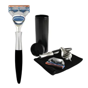 5-blades razor black for men with travel case-compact ergonomic handle and pivoting head, lubricating strip and precision trimmer- blade fit the most famous commercial multi blade cartridge.