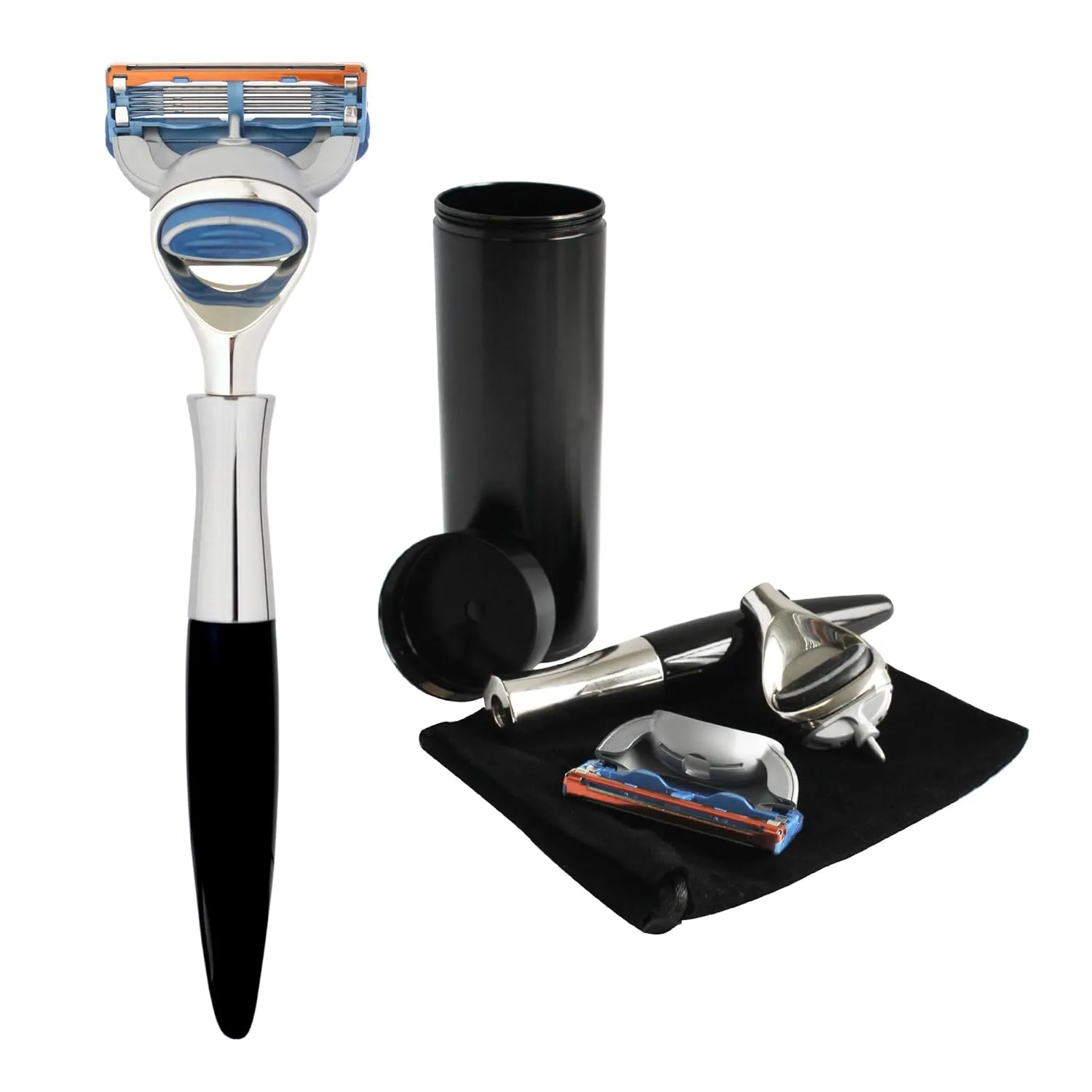 5-blades razor black for men with travel case-compact ergonomic handle and pivoting head, lubricating strip and precision trimmer- blade fit the most famous commercial multi blade cartridge.