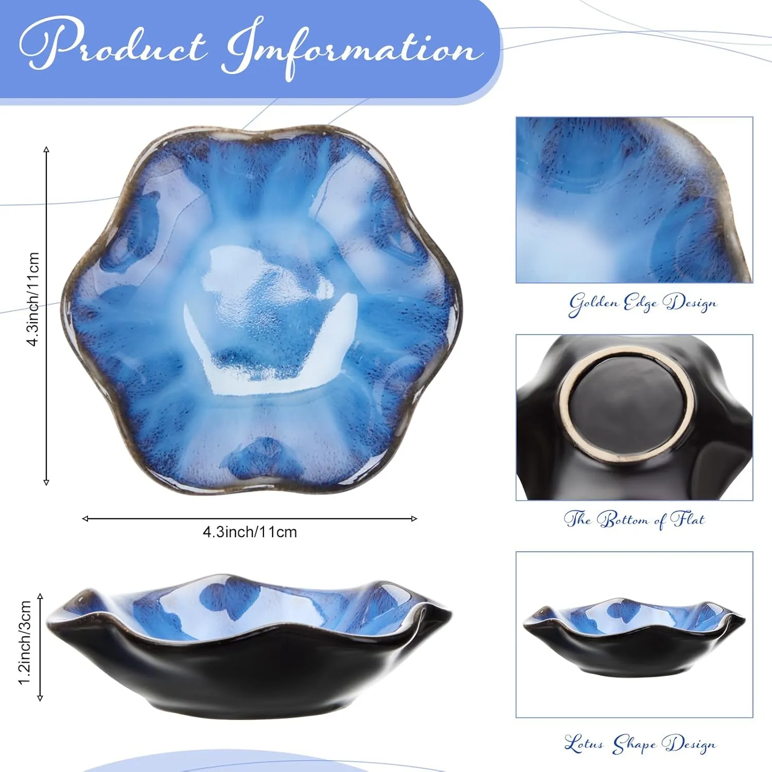 8 Pcs Ceramic Trinket Dish Lotus Leaf Jewelry Tray Small Ring Dish for Earrings, Rings, Jewelry Holder, Key Bowl(Blue)