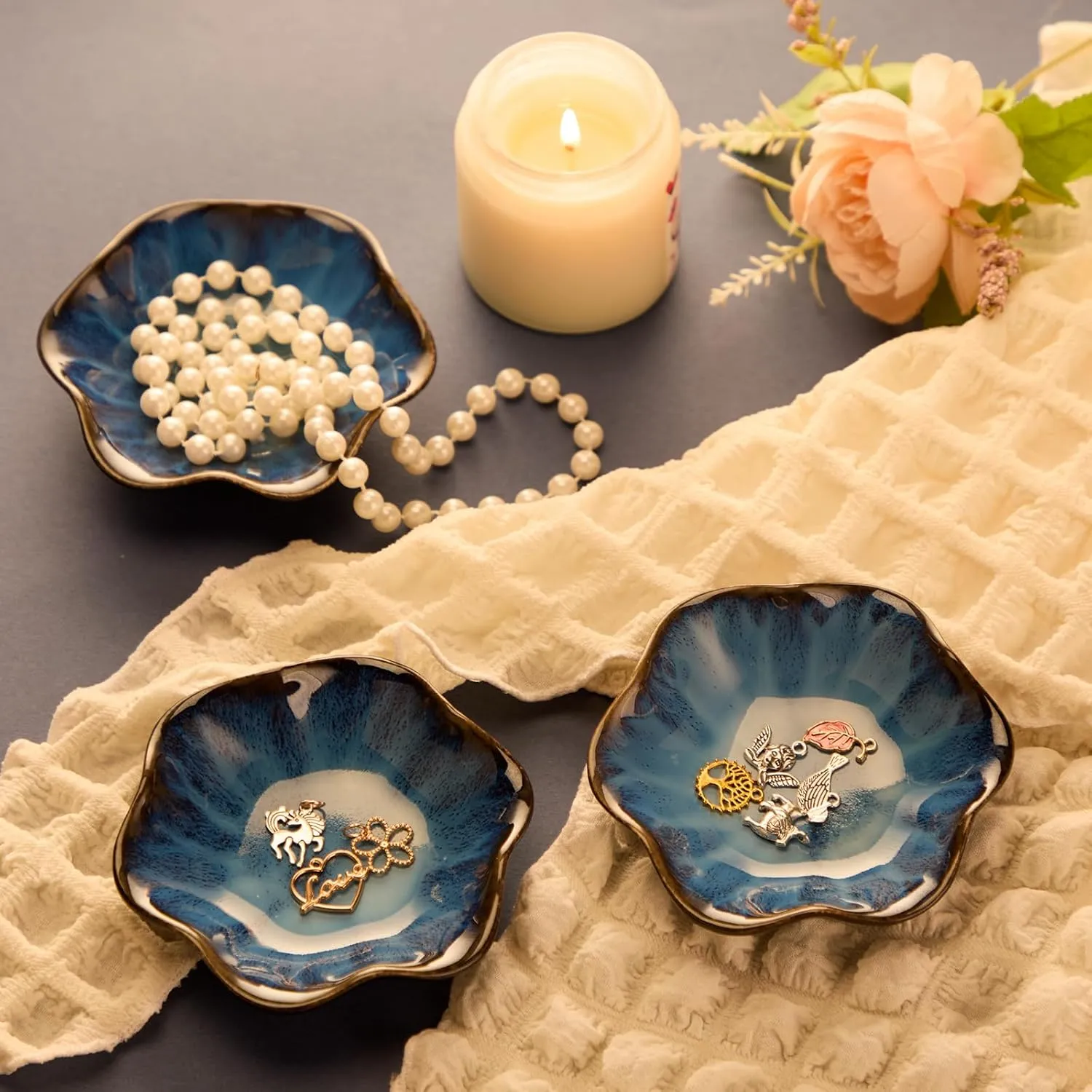8 Pcs Ceramic Trinket Dish Lotus Leaf Jewelry Tray Small Ring Dish for Earrings, Rings, Jewelry Holder, Key Bowl(Blue)
