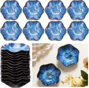 8 Pcs Ceramic Trinket Dish Lotus Leaf Jewelry Tray Small Ring Dish for Earrings, Rings, Jewelry Holder, Key Bowl(Blue)