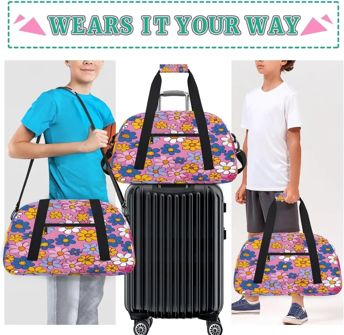 Abstract Hippie Flowers Kids Overnighter Duffel Bags for Boys, Carry-On Size Sports Gym Bag with Front Zipper Pocket for School Practice or Overnight Travel Weekender Sleepover Tote Bag