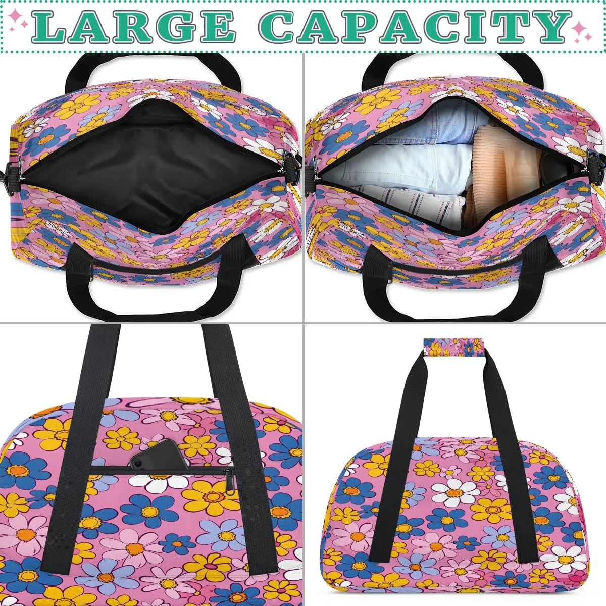 Abstract Hippie Flowers Kids Overnighter Duffel Bags for Boys, Carry-On Size Sports Gym Bag with Front Zipper Pocket for School Practice or Overnight Travel Weekender Sleepover Tote Bag