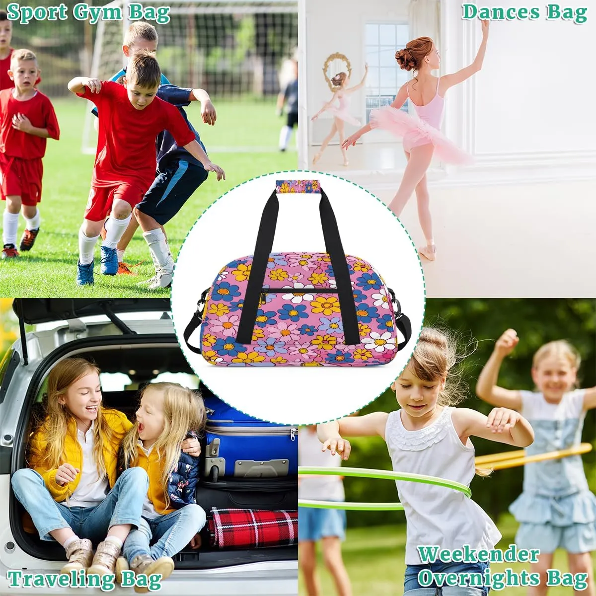 Abstract Hippie Flowers Kids Overnighter Duffel Bags for Boys, Carry-On Size Sports Gym Bag with Front Zipper Pocket for School Practice or Overnight Travel Weekender Sleepover Tote Bag