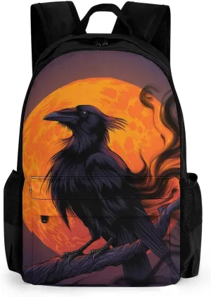 Adults Lightweight Halloween Raven Moon Dark Night Art Rucksacks Large Capacity Bookbag With Adjustable Shoulder Straps for Trekking Outdoors Bicycle
