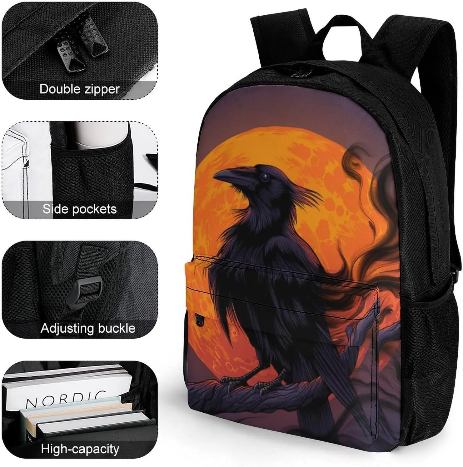 Adults Lightweight Halloween Raven Moon Dark Night Art Rucksacks Large Capacity Bookbag With Adjustable Shoulder Straps for Trekking Outdoors Bicycle
