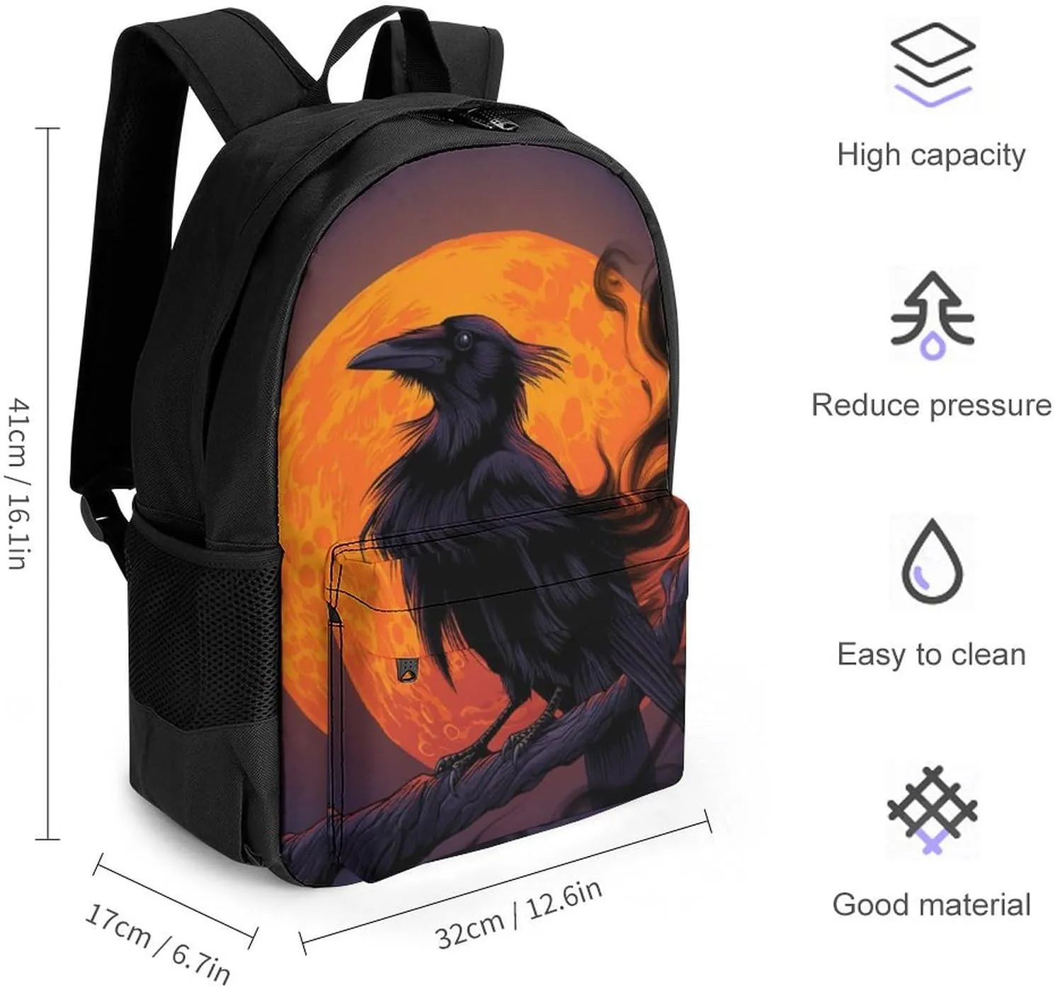 Adults Lightweight Halloween Raven Moon Dark Night Art Rucksacks Large Capacity Bookbag With Adjustable Shoulder Straps for Trekking Outdoors Bicycle