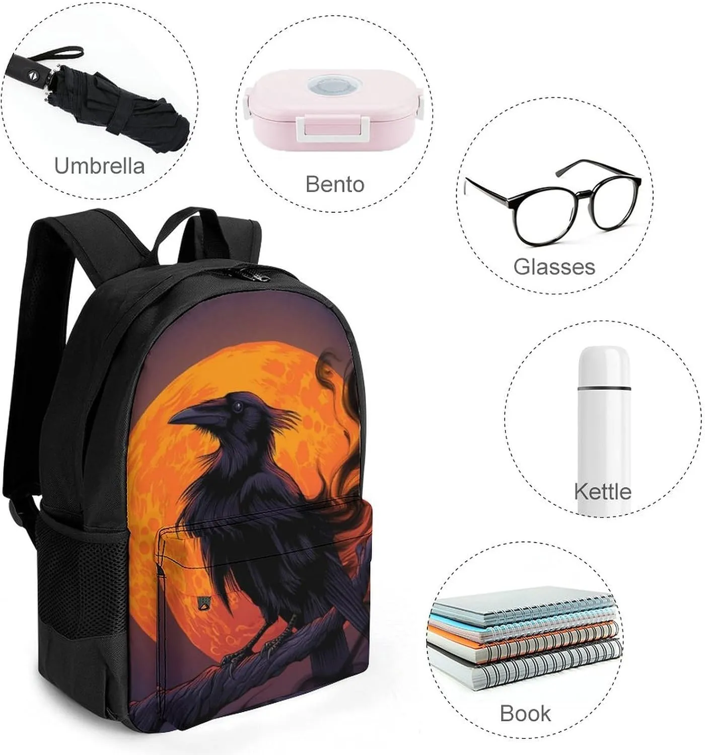 Adults Lightweight Halloween Raven Moon Dark Night Art Rucksacks Large Capacity Bookbag With Adjustable Shoulder Straps for Trekking Outdoors Bicycle